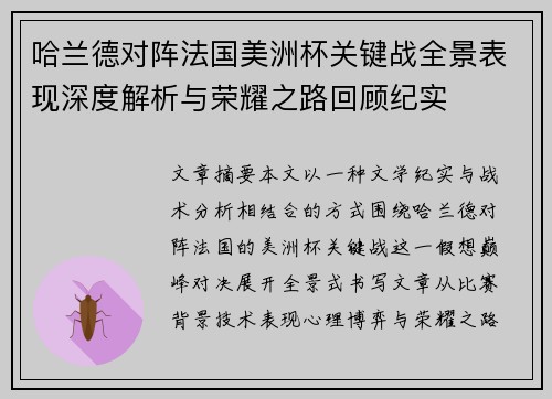哈兰德对阵法国美洲杯关键战全景表现深度解析与荣耀之路回顾纪实
